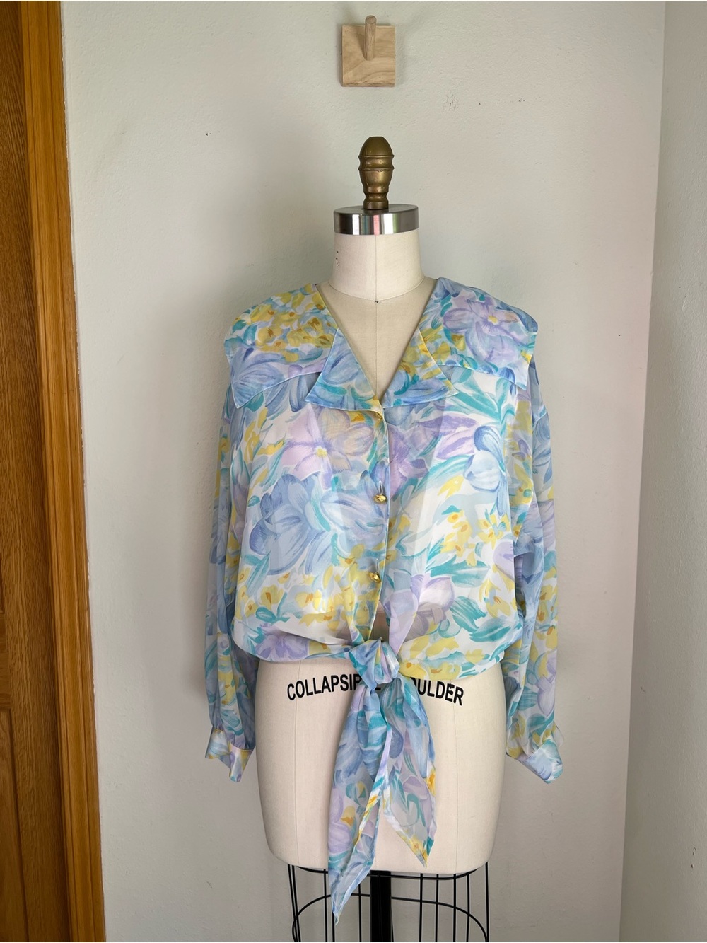 VintageGalaxy By Harvic Pastel Floral Tie-Front Blouse in Blue, Lavender, Yellow